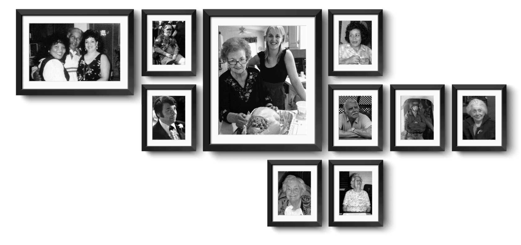 A collage of framed photos of elderly ones and their families