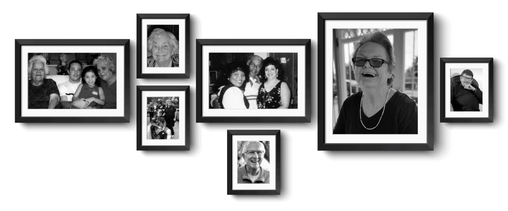 A collage of framed photos of Dudensing's client portraits