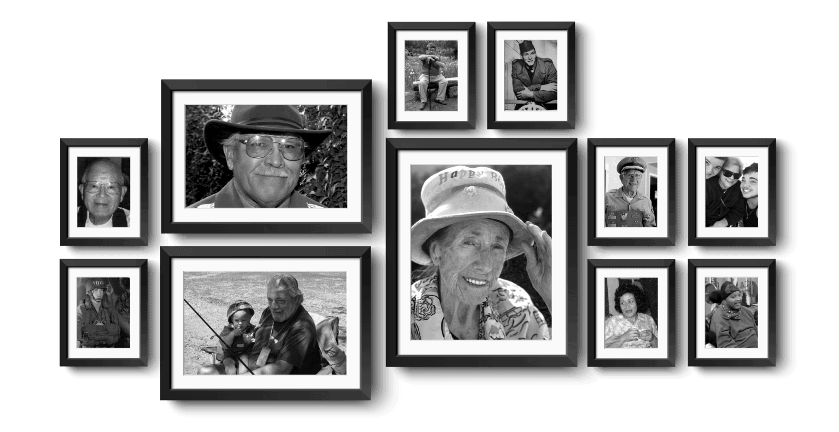 A collage of framed photos of Dudensing's client portraits